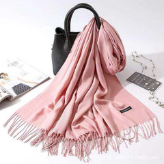 Imitation Cashmere Scarf for Women, Solid Color Fringed Warm Dual-use Shawl