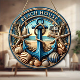 Beach House Nautical Wood Sign - 1 pc, Hanging Wall Art Decor with Anchor, Starfish & Seashells, Versatile Decoration for Home, Front Door, Parties - Universal Holiday Ornament, No Electricity Needed