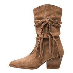 Tassel Hemp Rope Martin Boots Women Pointed Toe Chunky Heel Cowboy Boot