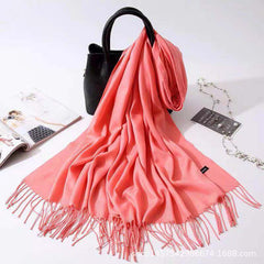 Imitation Cashmere Scarf for Women, Solid Color Fringed Warm Dual-use Shawl
