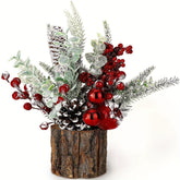 Classic Christmas Centerpiece with Red Berries, Pine Cones, and Greenery - Festive Tabletop Artificial Mini Tree Decoration, Non-Electric, Featherless Holiday Ornament Set in Faux Tree Stump (Tree Stump-Red)