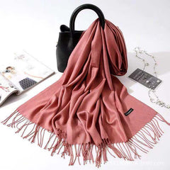 Imitation Cashmere Scarf for Women, Solid Color Fringed Warm Dual-use Shawl