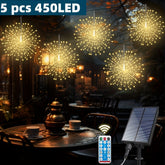 5 Pcs 450LEDs Solar Starburst Sphere Lights, Firework Lights Remote Control Timer 8 Modes Dimmable IP65 Waterproof Hanging Fairy Light, Copper Wire Sparkly Lights For Patio Party Tent Christmas