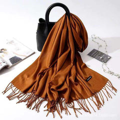 Imitation Cashmere Scarf for Women, Solid Color Fringed Warm Dual-use Shawl