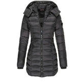 Thick and warm women's parka, solid color, zip-up coat, long sleeves, padded puffer jacket, mid-length, slim fit, hooded sweatshirt, winter