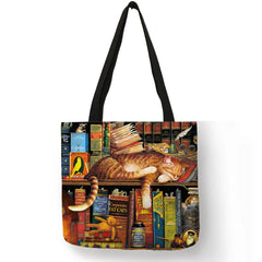 Reusable linen handbag for women, shoulder tote with cat print, 2019