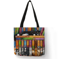 Reusable linen handbag for women, shoulder tote with cat print, 2019