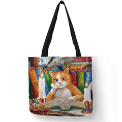 Reusable linen handbag for women, shoulder tote with cat print, 2019