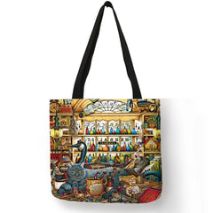 Reusable linen handbag for women, shoulder tote with cat print, 2019