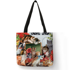Reusable linen handbag for women, shoulder tote with cat print, 2019