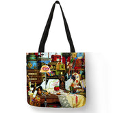 Reusable linen handbag for women, shoulder tote with cat print, 2019