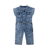 Vêtements d'été en denim pour bébés filles, col en v, sans manches, poches à boutons, barboteuse pour nouveau-né, combinaison longue, salopette une pièce