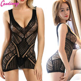 Fantaisie sexy plus Net Halterneck Mini robe dentelle lingerie tenue sans entrejambe érotique nuit sous-vêtements pour femmes maille serré appel