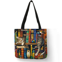 Reusable linen handbag for women, shoulder tote with cat print, 2019