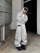 Mjd Heavy-Duty Three-Dimensional Pleated Curved Hem Sweatpants with Large Pockets, Baggy Style, Jogger Cuffs, Gray Sports Trousers Koin