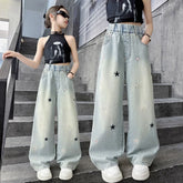 Five-pointed star embroidered jeans for girls aged 3 to 12, stylish wide-leg denim trousers, new spring/autumn collection