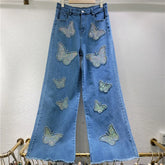 Women's high-waisted elastic jeans, floor-length pants, baggy pants, diamond beads, butterfly, wide leg, warm, casual, spring, autumn, new, 2025