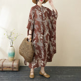 Été trajet Sle coton lin imprimé ample longue Dr f col haut a-ligne jupe sept Sve longue Dr pour grande taille