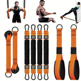 Home fitness equipment. A resistance band used for downward presses and other exercises to shape your triceps, latissimus dorsi.