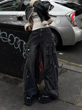 FjRopa Mujer-Jean Cargo Noir Délavé Style Punk Y2K pour Femme, Pantalon Baggy, Vêtements de Styliste, Jambes Larges, 2024