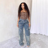 Women's relaxed, straight-leg, wide-leg denim jeans with star tassel detail, comfortable, loose fit, new autumn/winter collection