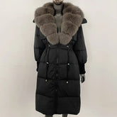 Doudoune longue avec col en fourrure pour femme, pardessus en fourrure de renard, longueur aux genoux, à la mode, chaude, cintrée à la taille, vêtements d'extérieur amincissants