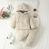 Baby fur hoodie with bear ears, solid color pants, elastic waistband, warm pocket, casual style, cute, warm, autumn, winter, 2 pieces