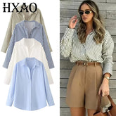 HXAO 2025 femme Blouses longues chemises à rayures femmes printemps été à manches longues bleu blanc chemise femme grands hauts chemises boutonnées