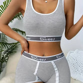 Sexy sports bra with wide side letter straps, plus size sports bra shorts, solid color tank top, two-piece easy-clean lingerie shorts
