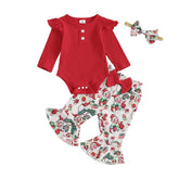 Ensemble pantalon de noël pour bébés filles, barboteuse côtelée à manches longues, imprimé père noël oiseau, pantalon évasé, bandeau
