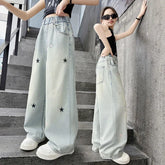 Jeans brodés étoiles à cinq branches pour filles de 3 à 12 ans, pantalons amples élégants en Denim à jambes larges, nouvelle collection printemps automne