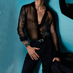 Men's thin black shirts, casual and breathable top, sleepwear, summer