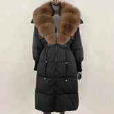 Women's long down jacket with fur collar, fox fur overcoat, knee-length, fashionable, warm, fitted at the waist, slimming outerwear