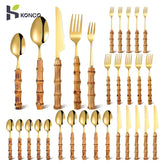 Couverts en bambou et acier inoxydable, service de table, en bois doré, pour la cuisine occidentale, couteau, fourchette, cuillère à café