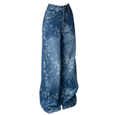 2025 Premium Y2K Jeans - Casual Straight Leg Palazzo Pants in Distressed Denim with Artistic Floral Print 2664
