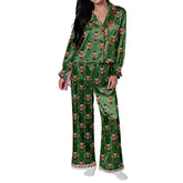 Women's 2-piece Christmas pyjama set, Santa/bow print, satin lace, tie-front, long sleeves, button-down shirt, pants, sleepwear