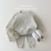 Korean baby boy clothing set, faux two-piece waffle cotton top + pants, 2-piece outfit, 2023