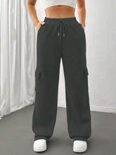 Women's Solid Straight Leg Trousers with Pockets, Casual Elastic Waist with Drawstring, 2025 Spring/Autumn New Black Trousers