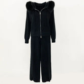 Women's fox fur collar coat, hooded jacket with detachable handles, fashionable knitwear, cozy sweater, autumn, winter, 2024