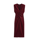 Women's Long Pleated Sleeveless Evening Dresses, Chic Party Midi Dress, Draped Bodycon Dress