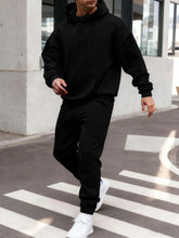 Men's winter hoodie set, two-piece long set, solid color, streetwear, unisex, fashionable suit, casual sports sweatpants