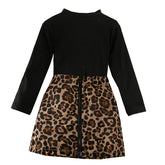 Girls' costume with round neck and long sleeves, leopard print skirt with zipper, fashionable for holidays and leisure, spring and autumn