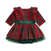 Christmas dress for little girls, autumn and winter clothing, check print, long sleeves, round neck, ruffles, tulle, patchwork, trapeze dress