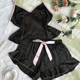 Women's Smooth Satin Pyjama Set, V-Neck T-Shirt with Ruffled Trim and Tie Shorts, Simple and Breathable Pyjama Set, Strappy Loungewear