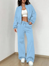 Women's two-piece casual set, solid color, sweatshirt, long sleeves, zip-up coat, long pants, pockets, elegant, autumn/winter 2025