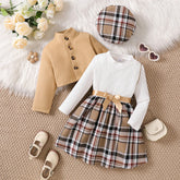 Clothing set for little girls aged 1 to 6 years, long-sleeved plaid dress with jacket and beret, fashionable outfit, autumn-winter