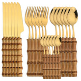 24 pièces ensembles de vaisselle en bambou ensemble de couverts en bambou en acier inoxydable poignée purement naturelle ensemble de couverts vaisselle couteau à Steak couverts