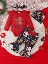 Christmas baby clothing set: cute bell-shaped stockings printed with Santa and reindeer, with red ruffled bodysuit and accessories.