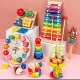 Jouets pour bébé Montessori 9 en 1, ensemble musical en bois: hochet Xylophone, cloche de tambour, puzzle 3D, cadeaux d'apprentissage sensoriel pour 0-12 mois 1-3