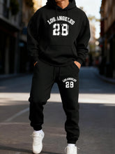 Los Angeles number 28 printed men's winter sporty two-piece hooded set, long-length street style hooded couple's pants.